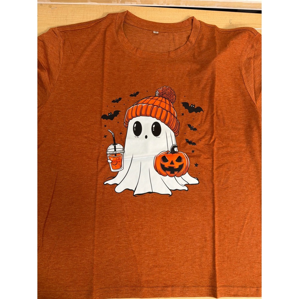Halloween Ghost Graphic T-Shirt Burnt Orange Heather XXL Fall Pumpkin Bats Tee